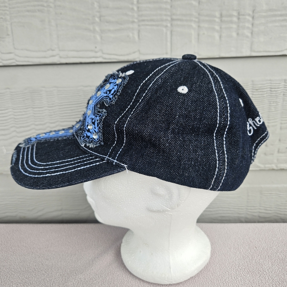 Kerusso Cross Cadet Cap Hat Denim Blue Women OS Studded Bedazzled Distressed - Picture 4 of 8